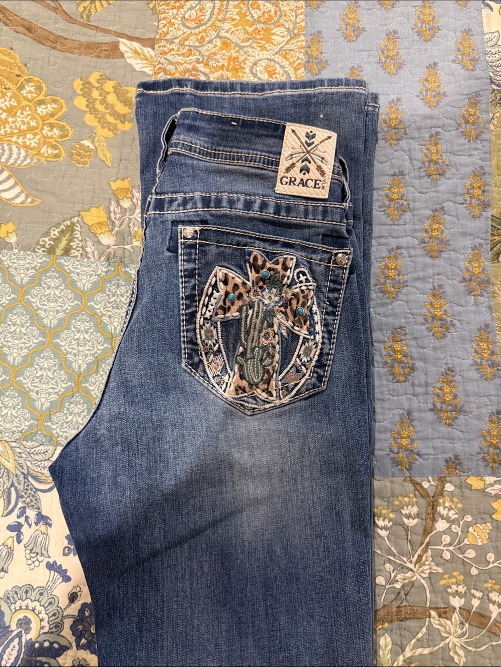 Grace Women's Medium Blue Boot Cut Jeans with Embroidered Pocket